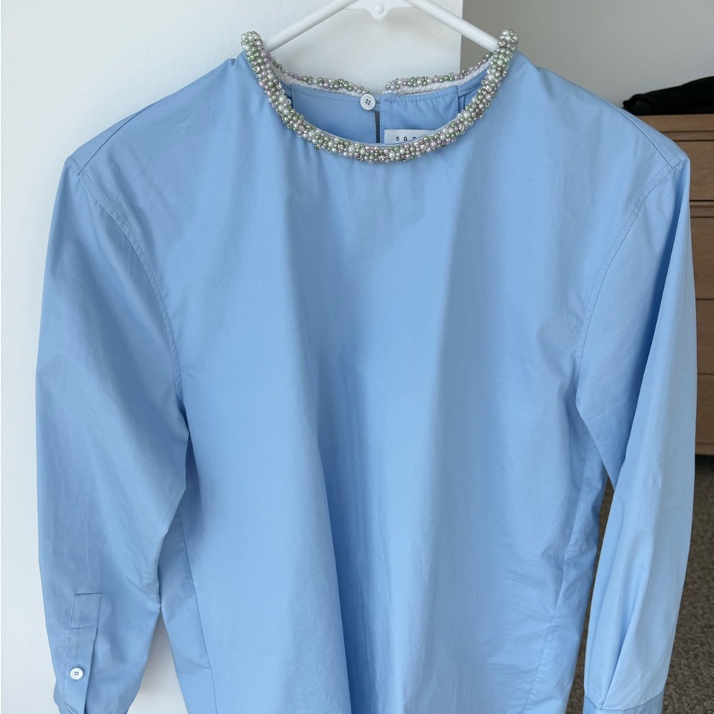 COPY - Elegant Blue Women's Top with Pearl Detail